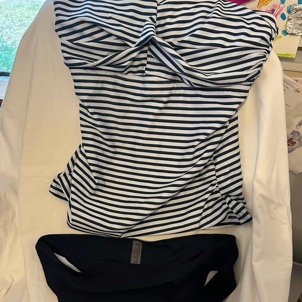 Navy and White Striped Swimsuit Top with Ruched Twist and Solid Navy Bottoms